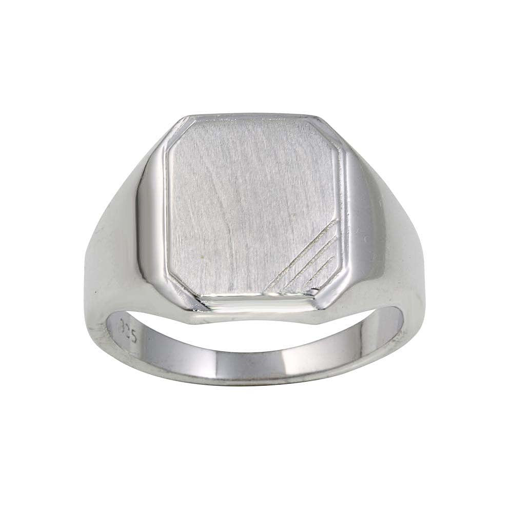 Sterling Silver Rhodium Plated Men's Engravable With Matte Finish Octagon Ring