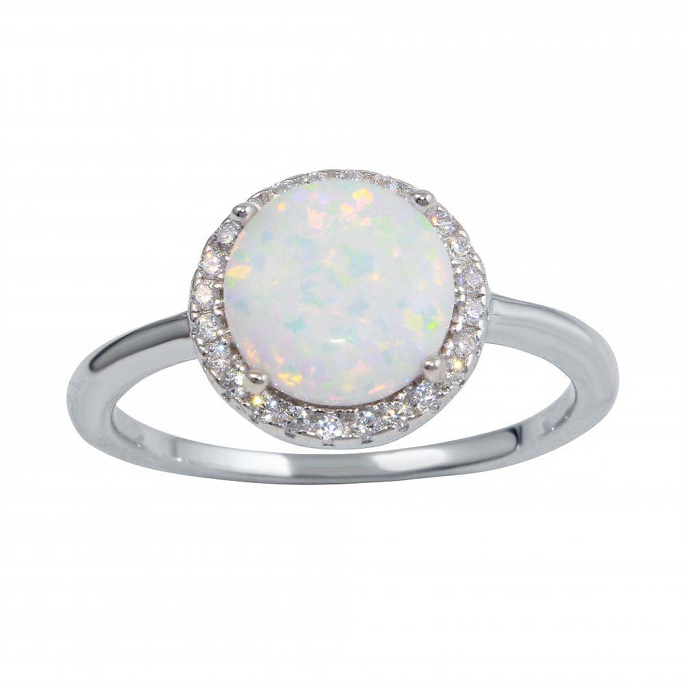 Sterling Silver Rhodium Plated Round With CZ White Opal Stone Ring