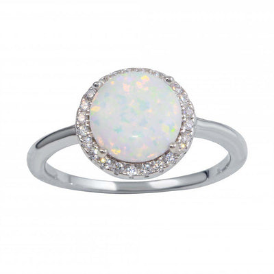 Sterling Silver Rhodium Plated Round With CZ White Opal Stone Ring