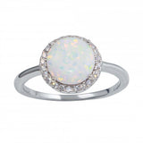 Sterling Silver Rhodium Plated Round With CZ White Opal Stone Ring