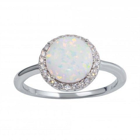 Sterling Silver Rhodium Plated Round With CZ White Opal Stone Ring