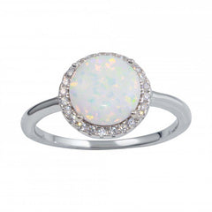 Sterling Silver Rhodium Plated Round With CZ White Opal Stone Ring
