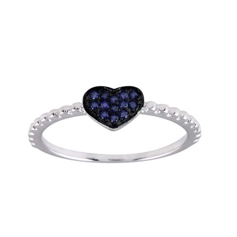 Sterling Silver Rhodium Plated Beaded Heart Blue CZ Ring