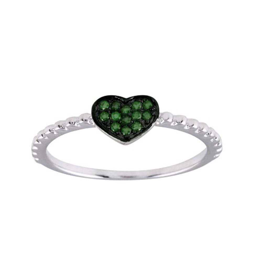 Sterling Silver Rhodium Plated Beaded Heart Green CZ Ring