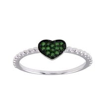 Load image into Gallery viewer, Sterling Silver Rhodium Plated Beaded Heart Green CZ Ring