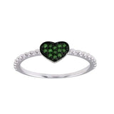 Sterling Silver Rhodium Plated Beaded Heart Green CZ Ring