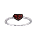 Sterling Silver Rhodium Plated Beaded Heart Red CZ Ring