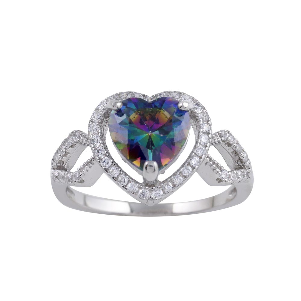 Sterling Silver Rhodium Plated Halo Heart Synthetic Mystic Topaz CZ Ring