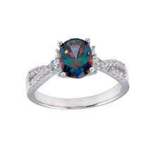 Load image into Gallery viewer, Sterling Silver Rhodium Plated Oval Solitaire Synthetic Mystic Topaz CZ Band Ring
