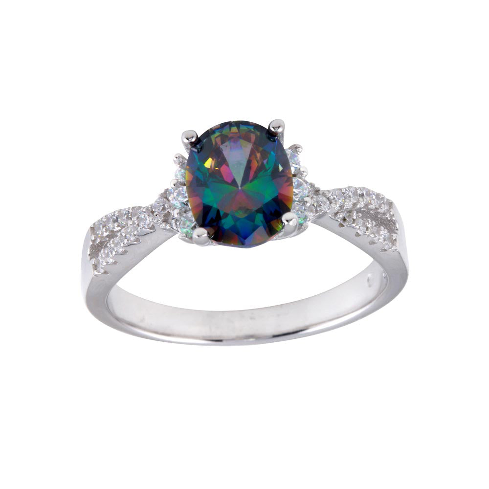 Sterling Silver Rhodium Plated Oval Solitaire Synthetic Mystic Topaz CZ Band Ring