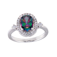 Load image into Gallery viewer, Sterling Silver Rhodium Plated Oval Solitaire Synthetic Mystic Topaz CZ Ring