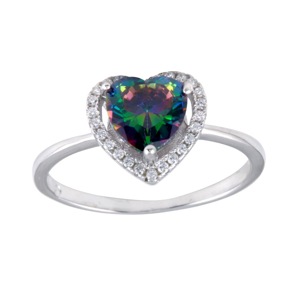 Sterling Silver Rhodium Plated Heart Synthetic Mystic Topaz CZ Ring