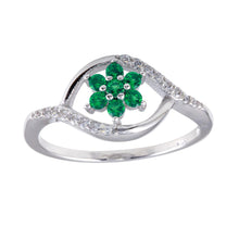 Load image into Gallery viewer, Sterling Silver Rhodium Plated Wave Green Center Flower CZ Ring