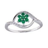 Sterling Silver Rhodium Plated Wave Green Center Flower CZ Ring