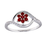 Sterling Silver Rhodium Plated Wave Red Center Flower CZ Ring