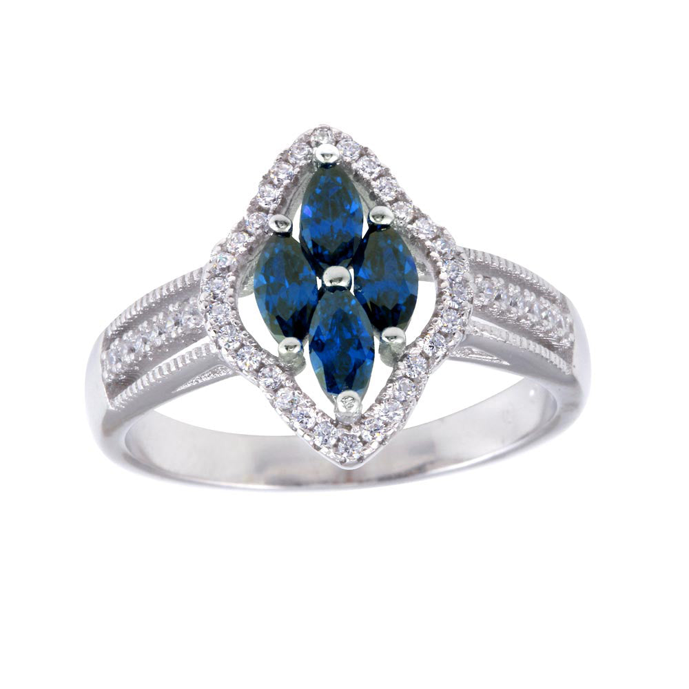 Sterling Silver Rhodium Plated 4 Blue Marquise Center CZ Ring