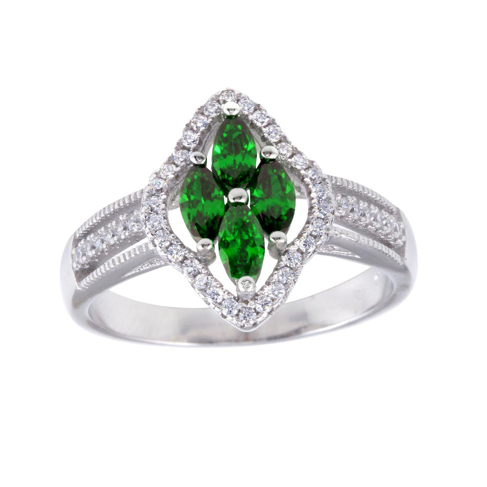 Sterling Silver Rhodium Plated 4 Green Marquise Center CZ Ring