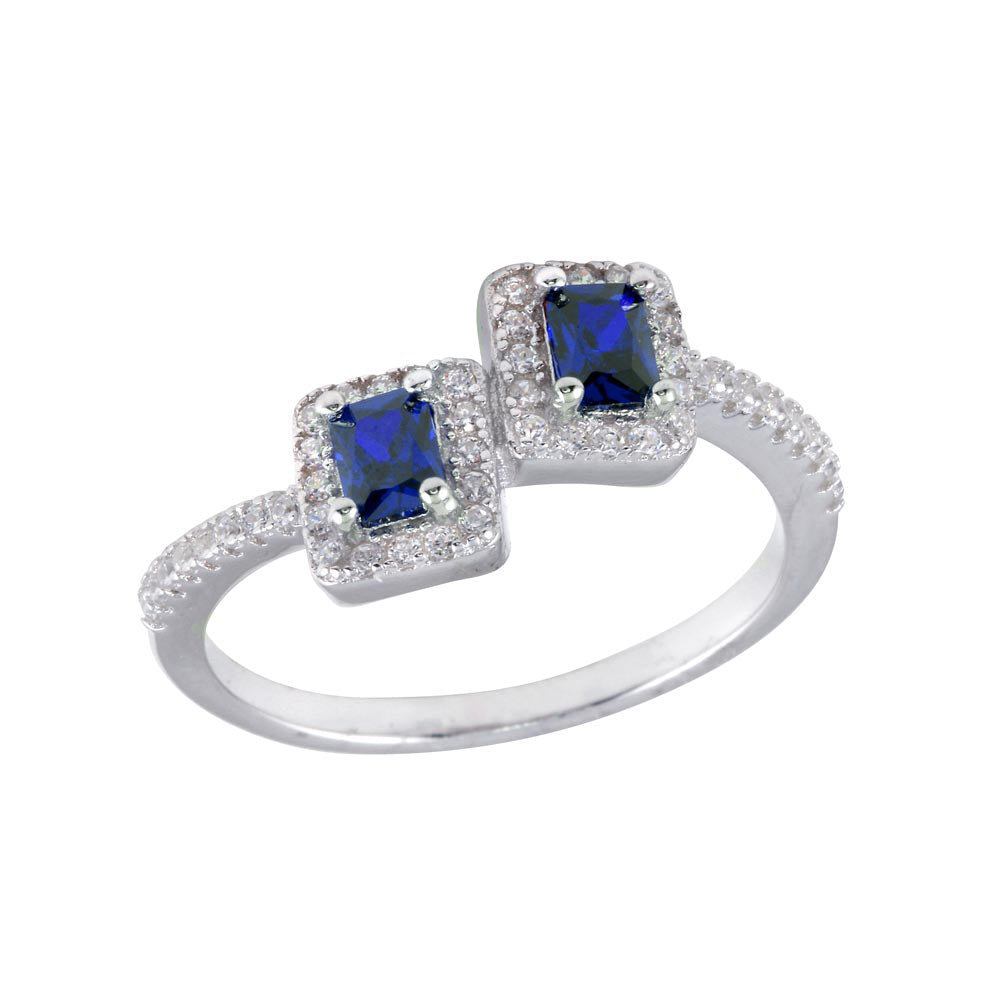 Sterling Silver Rhodium Plated Double Square Blue Center CZ Ring