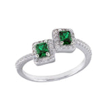 Sterling Silver Rhodium Plated Double Square Green Center CZ Ring