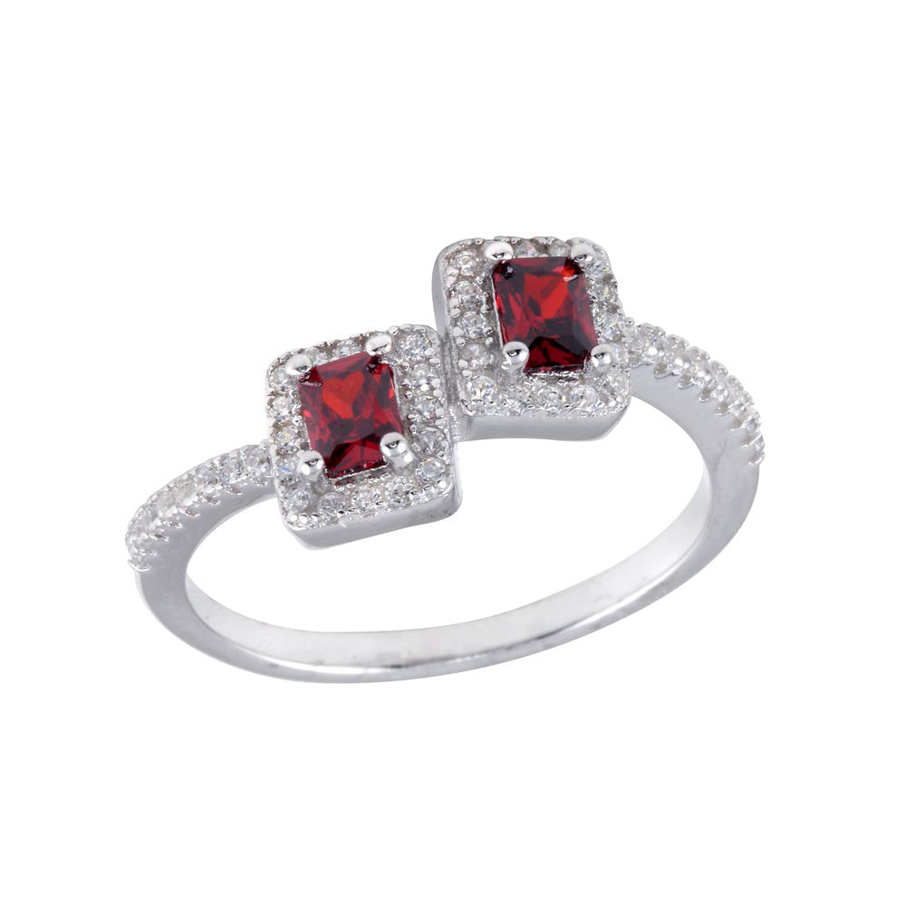 Sterling Silver Rhodium Plated Double Square Red Center CZ Ring