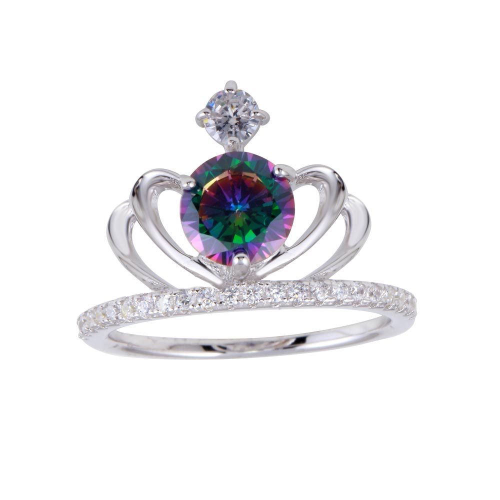 Sterling Silver Rhodium Plated Crown Synthetic Mystic Topaz CZ Ring