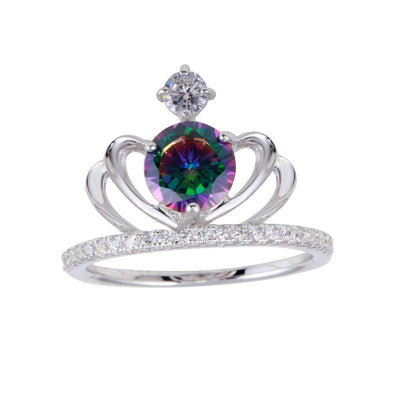 Sterling Silver Rhodium Plated Crown Synthetic Mystic Topaz CZ Ring