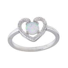 Load image into Gallery viewer, Sterling Silver Rhodium Plated Heart Synthetic Opal Center CZ Ring
