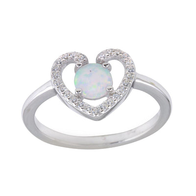 Sterling Silver Rhodium Plated Heart Synthetic Opal Center CZ Ring