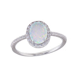 Sterling Silver Rhodium Plated Oval Solitaire Synthetic Opal CZ Ring