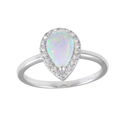 Sterling Silver Rhodium Plated Teardrop Synthetic Opal CZ Ring