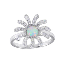 Load image into Gallery viewer, Sterling Silver Rhodium Plated Flower Synthetic Opal Center CZ Ring