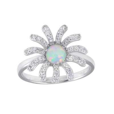 Sterling Silver Rhodium Plated Flower Synthetic Opal Center CZ Ring