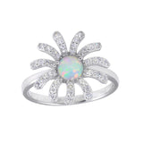 Sterling Silver Rhodium Plated Flower Synthetic Opal Center CZ Ring