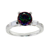 Sterling Silver Rhodium Plated Oval Solitaire Synthetic Mystic Topaz Baguette Shank CZ Ring