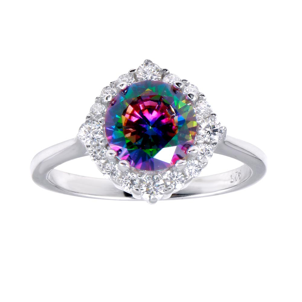 Sterling Silver Rhodium Plated Round Halo Mystic Topaz CZ Ring