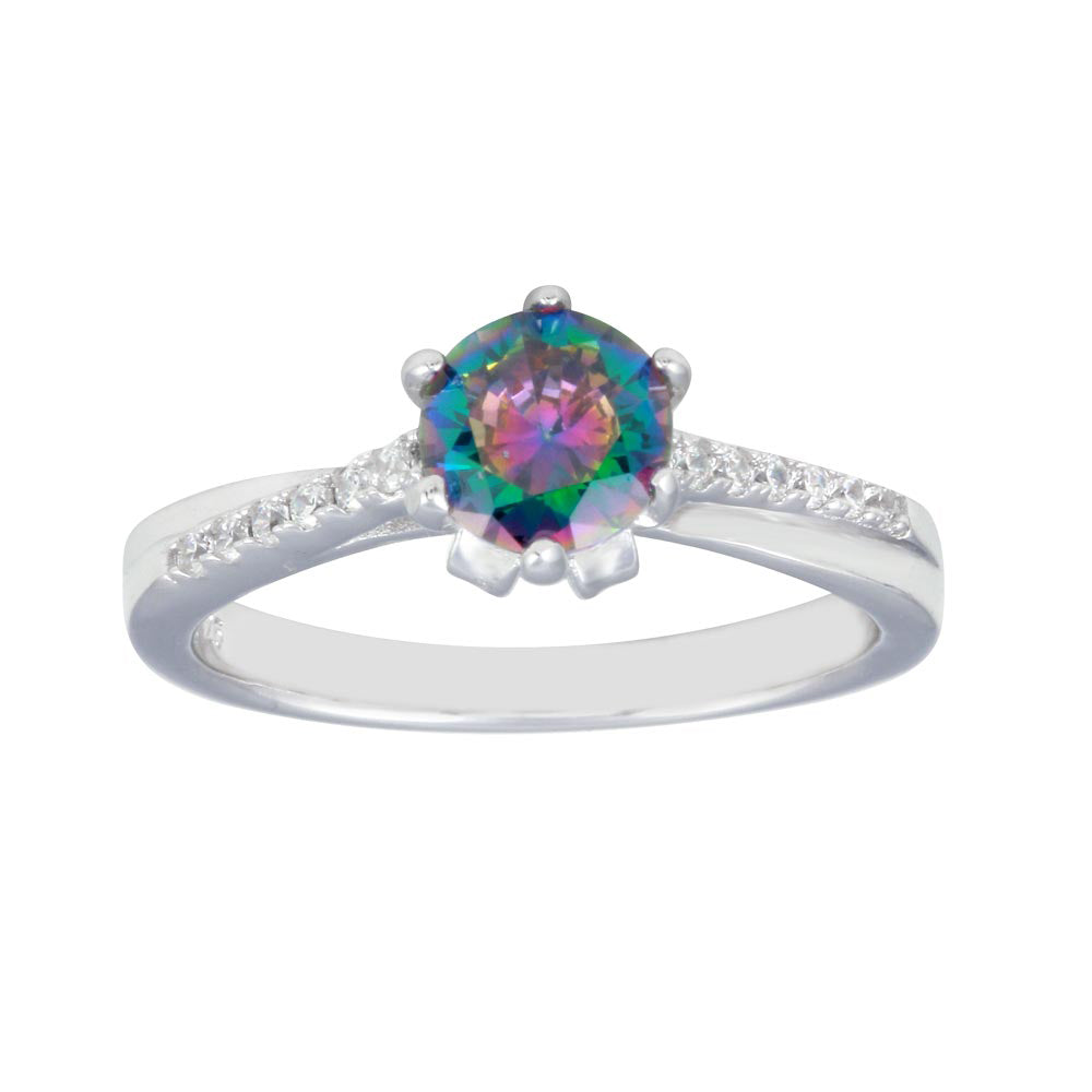 Sterling Silver Rhodium Plated Round Mystic Topaz CZ Ring