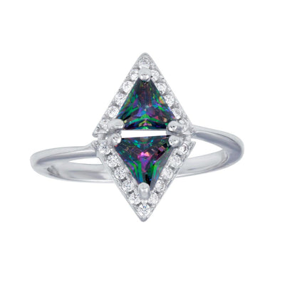 Sterling Silver Rhodium Plated Diamond-Shaped Halo Mystic Topaz CZ Ring