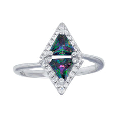 Sterling Silver Rhodium Plated Diamond-Shaped Halo Mystic Topaz CZ Ring
