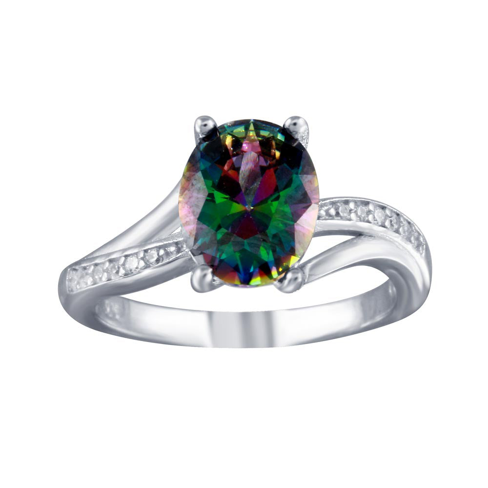 Sterling Silver Rhodium Plated Oval Mystic Topaz CZ Ring