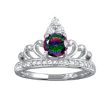 Sterling Silver Rhodium Plated Crown Synthetic Mystic Topaz CZ Ring