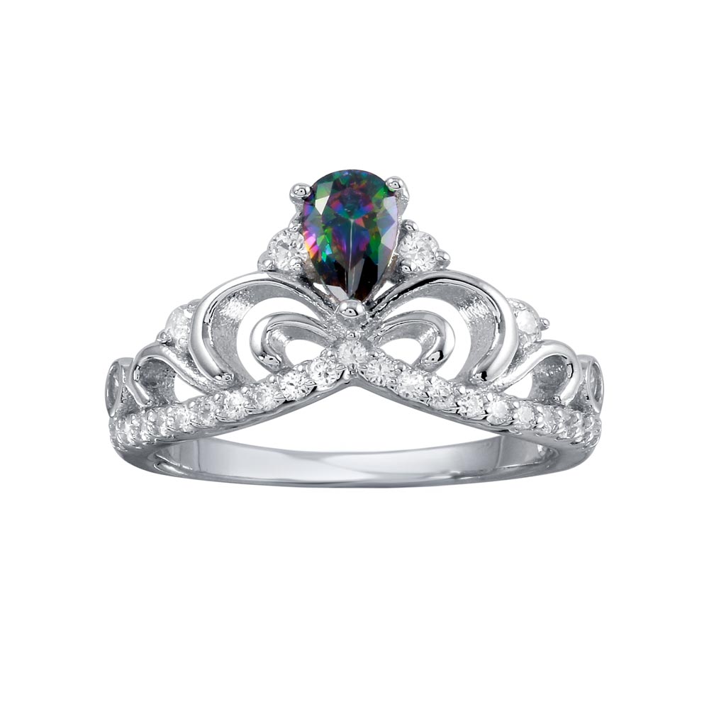 Sterling Silver Rhodium Plated Crown Synthetic Mystic Topaz CZ Ring