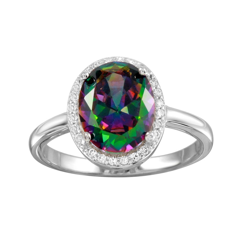 Sterling Silver Rhodium Plated Oval Halo Mystic Topaz CZ Ring