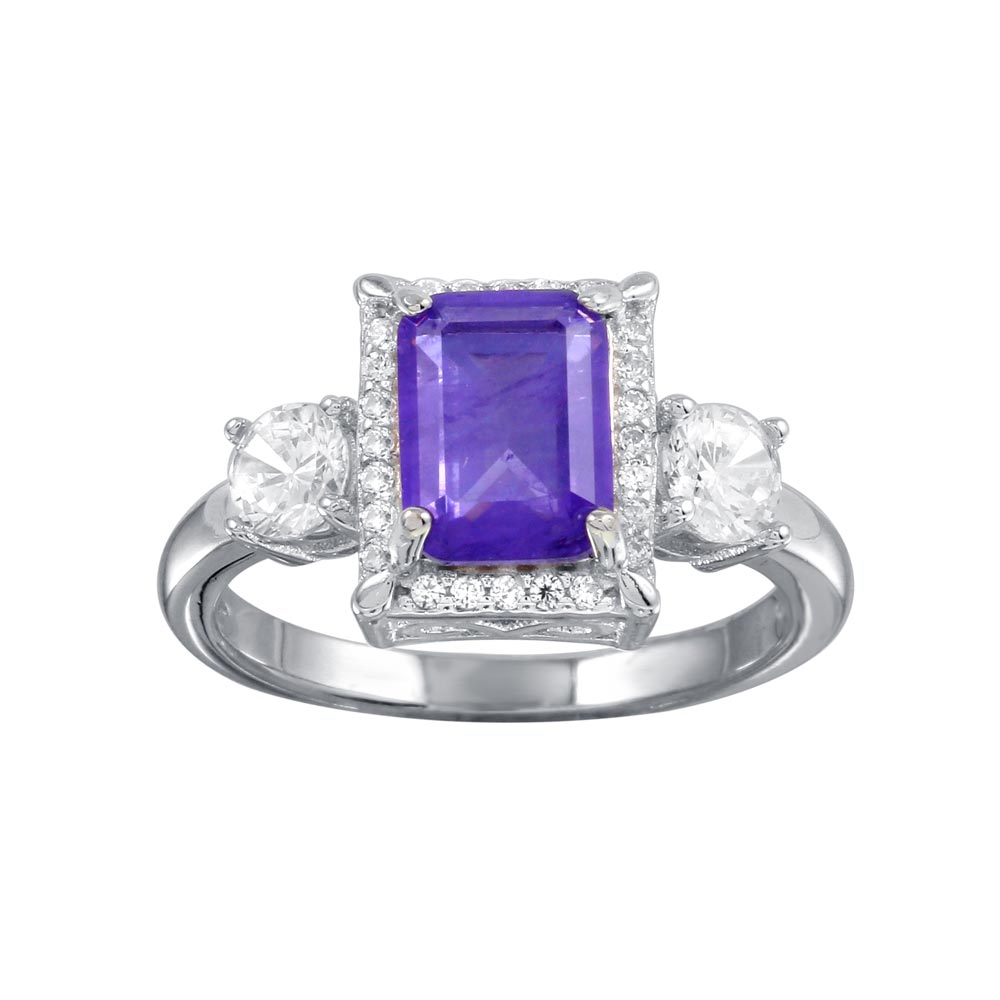 Sterling Silver Rhodium Plated Purple Center Halo CZ Ring