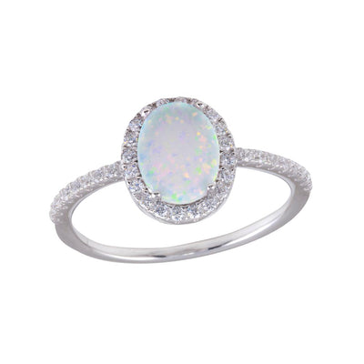Sterling Silver Rhodium Plated Square Halo Opal CZ Ring