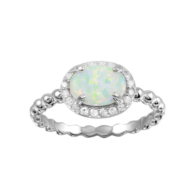 Sterling Silver Rhodium Plated Oval Halo Opal CZ Beaded Design Band Ring