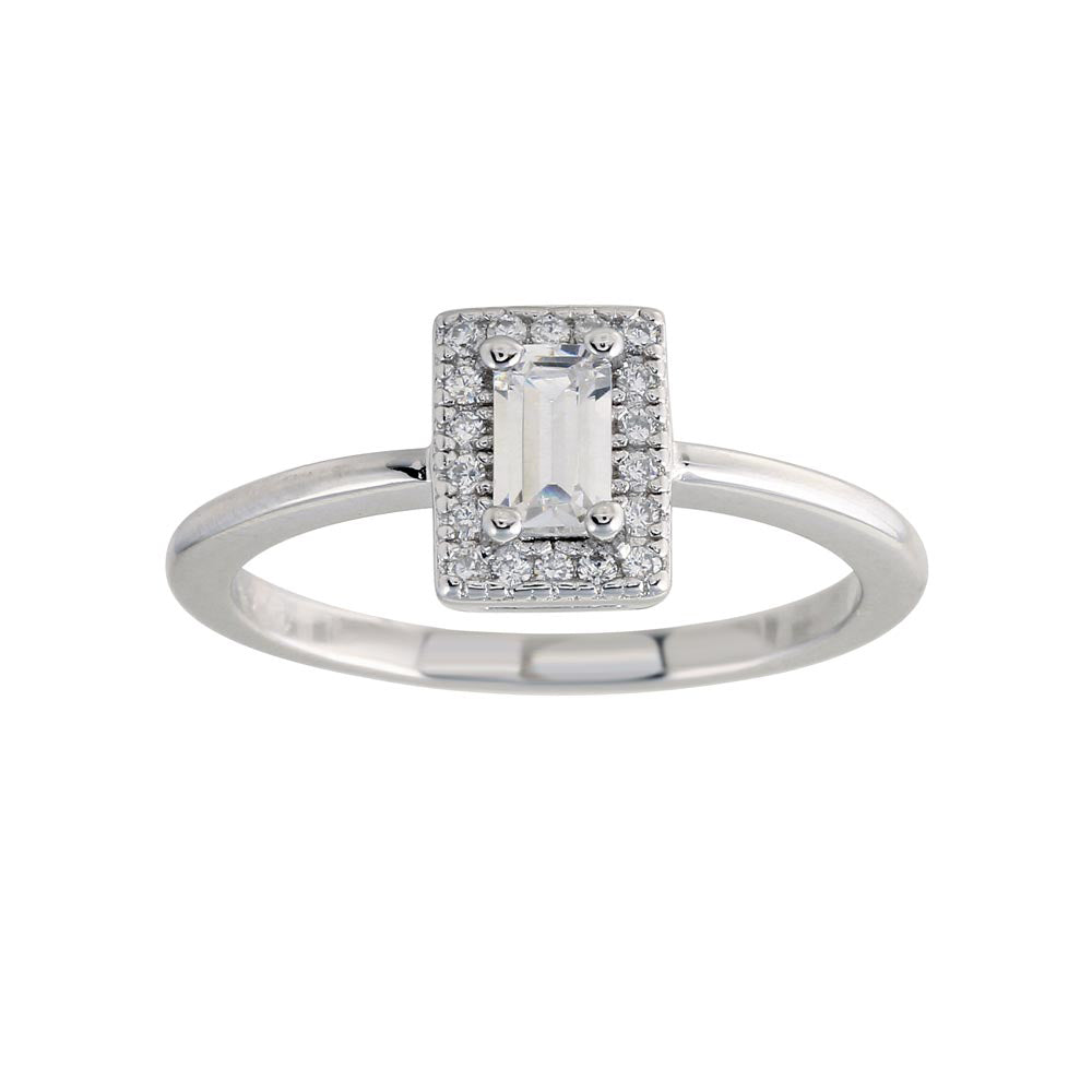 Sterling Silver Rhodium Plated Baguette Stone Halo CZ Ring