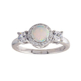 Sterling Silver Rhodium Plated Round Opal Stone Halo CZ Ring