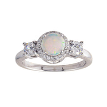 Load image into Gallery viewer, Sterling Silver Rhodium Plated Round Opal Stone Halo CZ Ring
