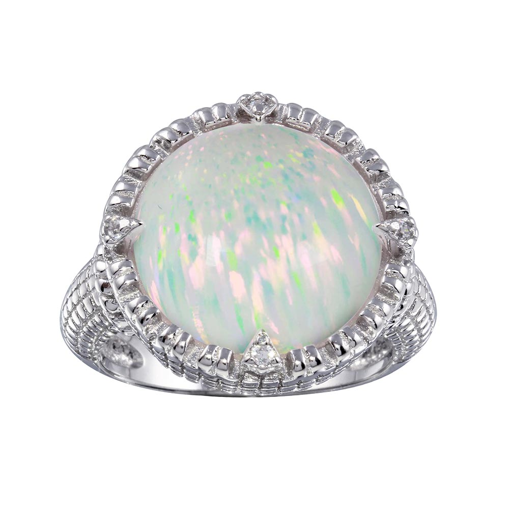 Sterling Silver Rhodium Plated Round Opal Stone with CZ Ring