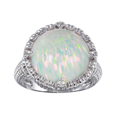 Sterling Silver Rhodium Plated Round Opal Stone with CZ Ring